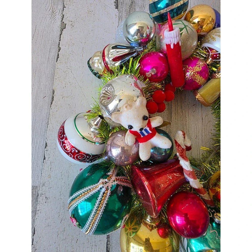 Antique vintage glass ornament wreath pixie knee hugger Santa Xmas hanging decor